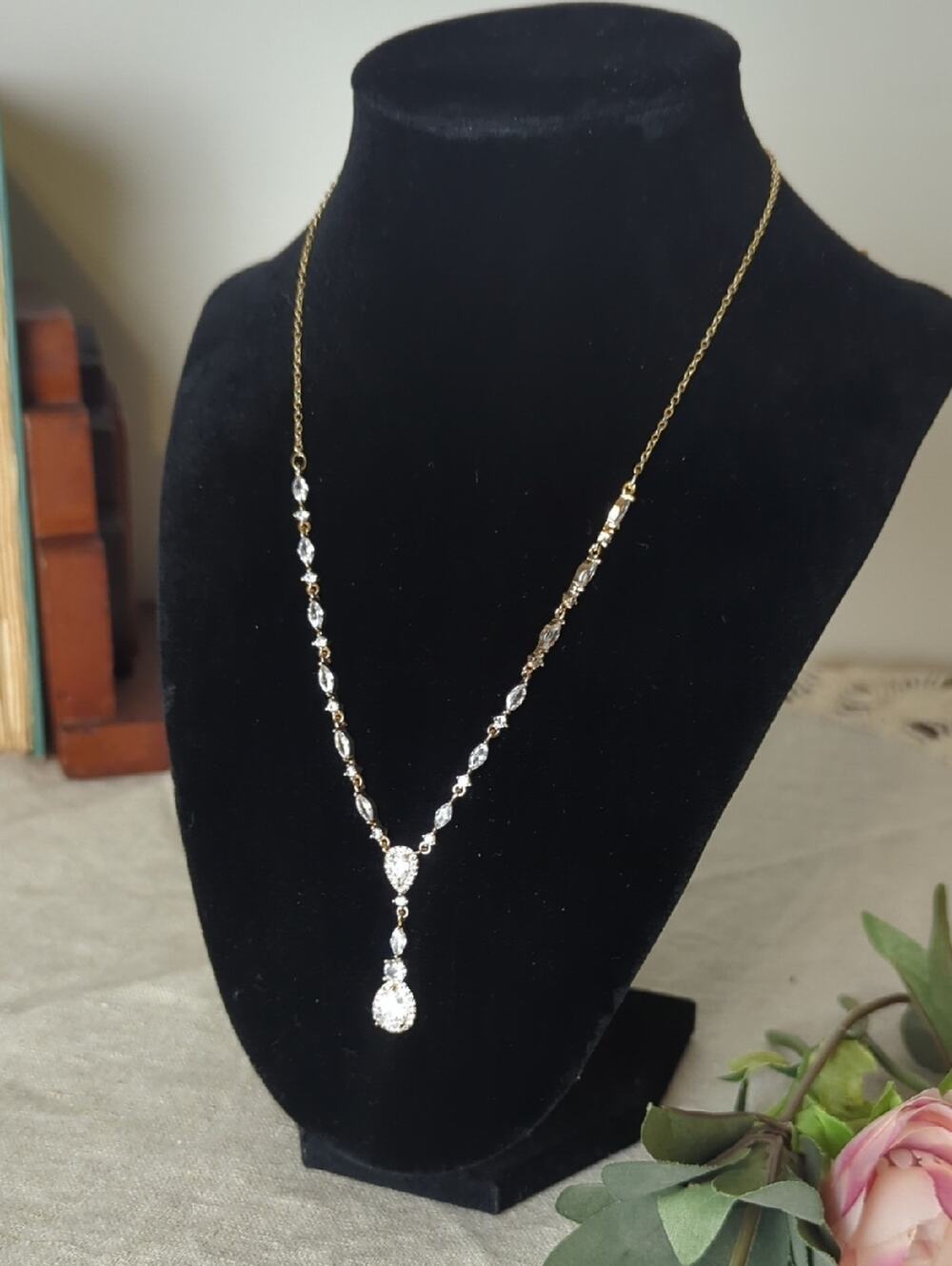 Gold Tone CZ Vine Drop Necklace  Soft Glam Bridal Inspired  Romantic Statement